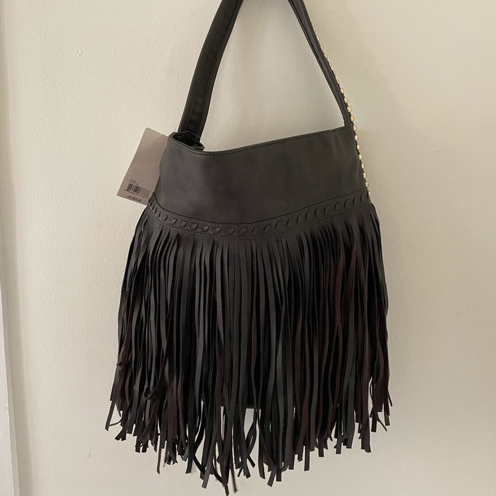 Large, Charcoal Colored, Fringe Shoulder Bag